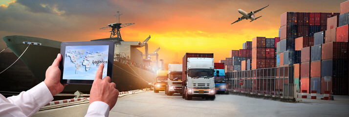 Double exposure of man with Transportation, import-export and logistics concept, there are container truck,  airplane for import export industry