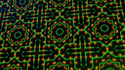 Animated light shinning green and yellow dots and stars geometrical shapes. Bright shinning colored dots and stars with 3D camera movement. Abstract background with neon and stars and dots effect.