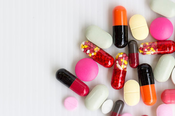 medicine concept; Close up of prescription pills and capsules with white background