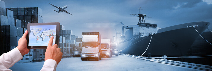 Double exposure of man with Transportation, import-export and logistics concept, there are...