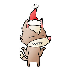 gradient cartoon of a wolf showing teeth wearing santa hat