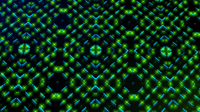 Animated light shinning green and blue dots and stars square shapes. bright shinning colored dots and stars with 3D camera movement. Abstract background with neon and stars and dots effect