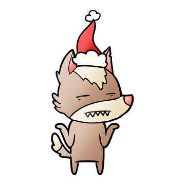 gradient cartoon of a wolf showing teeth wearing santa hat