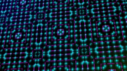 Obraz premium Animated light shinning pink and blue dots and stars shapes. bright shinning colored dots and stars with 3D camera movement. Abstract background with neon and stars and dots effect.