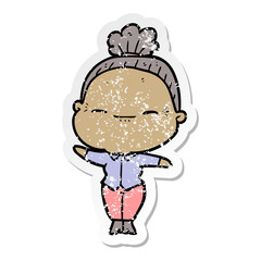 distressed sticker of a cartoon peaceful old woman