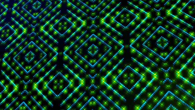 Animated light shinning green and blue dots and stars square shapes. bright shinning colored dots and stars with 3D camera movement. Abstract background with neon and stars and dots effect
