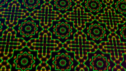 Animated light shinning green and yellow dots and stars geometrical shapes. Bright shinning colored dots and stars with 3D camera movement. Abstract background with neon and stars and dots effect.