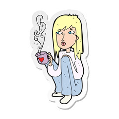 sticker of a cartoon woman with cup of coffee