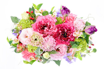Flower arrangement : charlotte japanese ranunculus, tulip, eustoma, carnation, bibanamu, hypericum, ivy, perennial sweet pea, alstroemeria