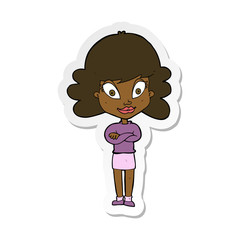 sticker of a cartoon happy woman with folded arms