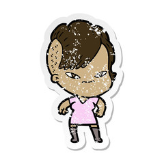 Obraz premium distressed sticker of a cute cartoon girl with hipster haircut