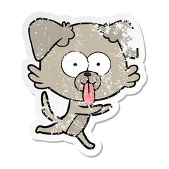 distressed sticker of a cartoon running dog with tongue sticking out