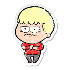 distressed sticker of a cartoon annoyed man