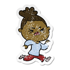 distressed sticker of a cartoon angry woman