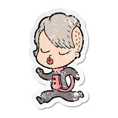 distressed sticker of a cartoon pretty hipster girl