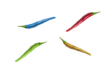 Multicolored chili peppers on an isolated white background, peppers pattern