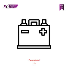 Outline battery car  icon isolated on white background. Line pictogram. Graphic design, mobile application,  car parts icons, user interface. Editable stroke. EPS10 format vector illustration