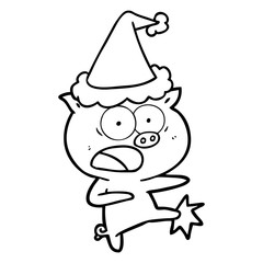 line drawing of a pig shouting and kicking wearing santa hat