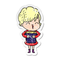 distressed sticker of a cartoon laughing woman