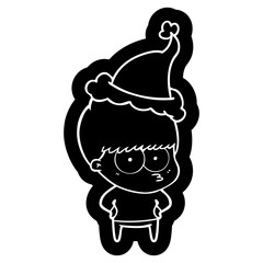 nervous cartoon icon of a boy wearing santa hat