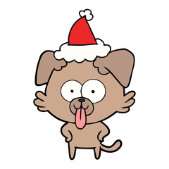 line drawing of a dog with tongue sticking out wearing santa hat