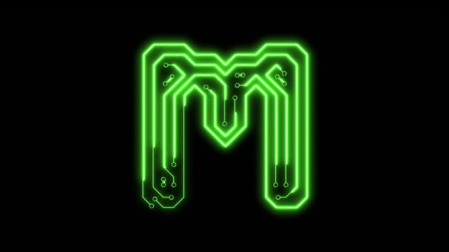 Animated green neon glowing alphabet letter M as circuit board style
