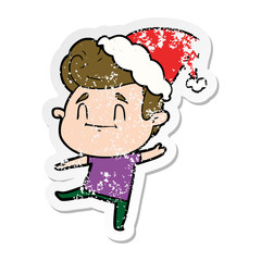 happy distressed sticker cartoon of a man wearing santa hat