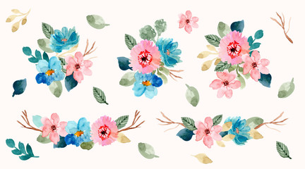 blue pink floral arrangement watercolor collection - obrazy, fototapety, plakaty