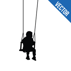 A child silhouette on swing on white - obrazy, fototapety, plakaty