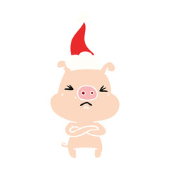 flat color illustration of a angry pig wearing santa hat