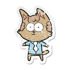 distressed sticker of a happy cartoon cat office worker