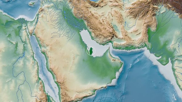 Qatar area presented against the global physical map in the Fahey projection with animated oblique transformation
