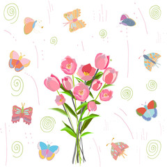 Bouquet of pink tulips with border of butterflies.