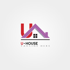 House icon template with U letter, home creative vector logo design, architecture,building and construction, illustration element