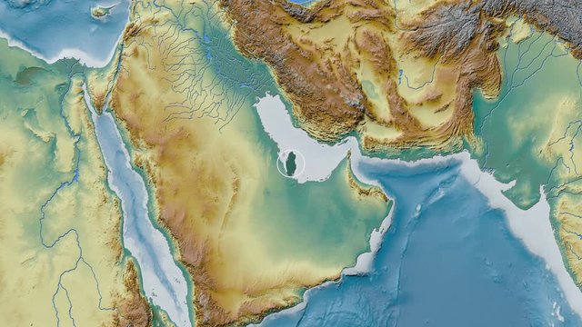 Qatar area presented against the global relief map in the Fahey projection with animated oblique transformation