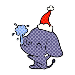 cute comic book style illustration of a elephant spouting water wearing santa hat