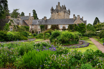 The formal Flower Garden south of Cawdor Castle after a rain in Cawdor Nairn Scotland UK