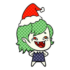 comic book style illustration of a laughing vampire girl wearing santa hat