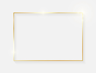 Gold shiny glowing vintage frame with shadows isolated on white background. Golden luxury realistic border. Wedding, mothers or Valentines day concept. Xmas and New Year abstract. Vector illustration