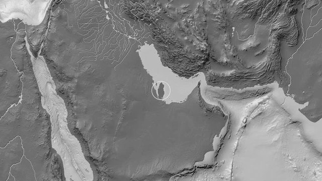 Qatar area presented against the global bilevel map in the Kavrayskiy VII projection with animated oblique transformation