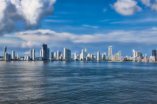 Skyline of the new city of Cartagena in Colombia.