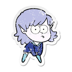 distressed sticker of a cartoon elf girl staring and crouching
