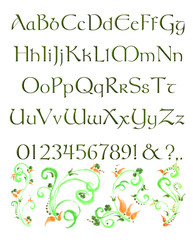 English Alphabet in Green Celtic Type and Floral Decorative Swirls. decorative Font for Print, Banner, Card, Poster, Advertisement, Announcement, etc.