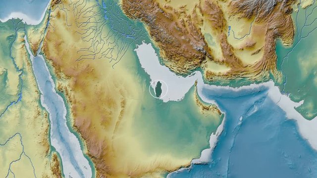 Qatar area presented against the global relief map in the Kavrayskiy VII projection with animated oblique transformation
