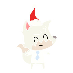 flat color illustration of a friendly fox wearing santa hat