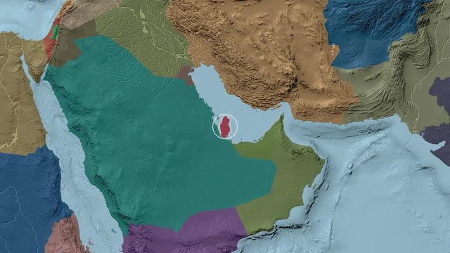 Qatar area presented against the global administrative map in the Patterson Cylindrical projection with animated oblique transformation