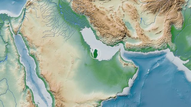 Qatar area presented against the global physical map in the Patterson Cylindrical projection with animated oblique transformation