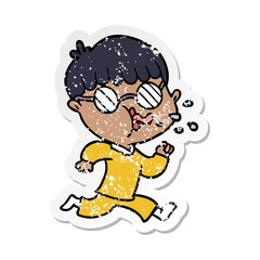 distressed sticker of a cartoon boy wearing spectacles and running