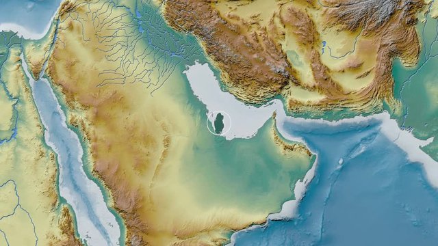 Qatar area presented against the global relief map in the Patterson Cylindrical projection with animated oblique transformation