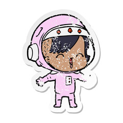 distressed sticker of a cartoon laughing astronaut girl
